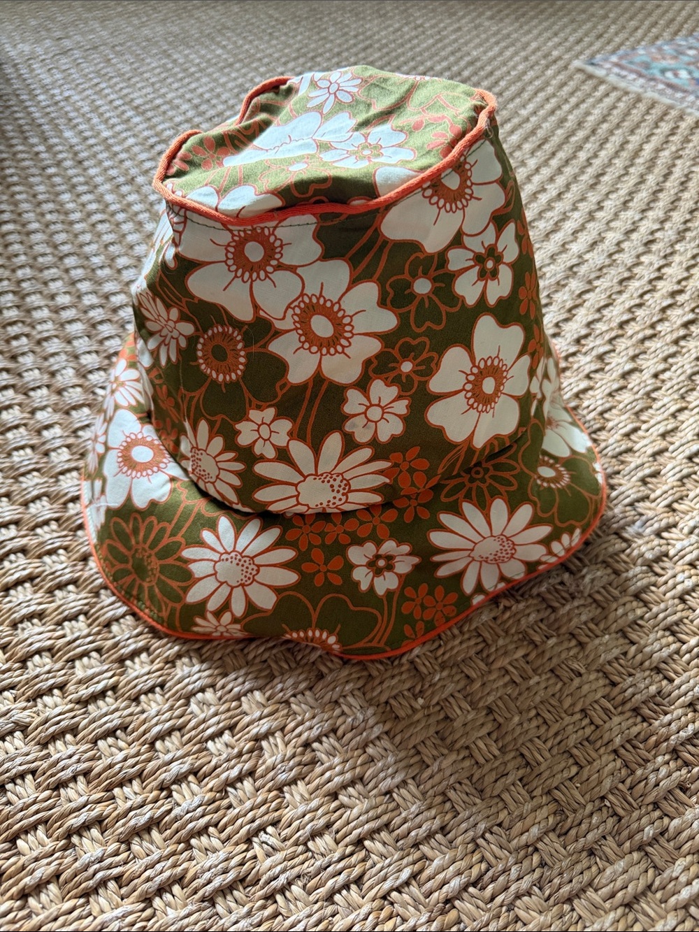 Tracy Watts Floral Bucket Hat - Green & White with Orange Trim